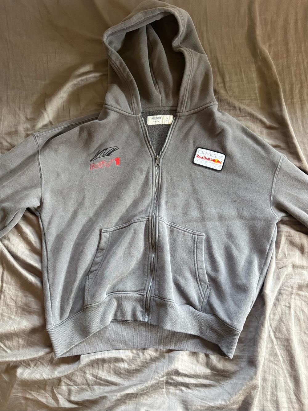 Hollister Gray Full-Zip Hooded Sweatshirt with Logo Patches